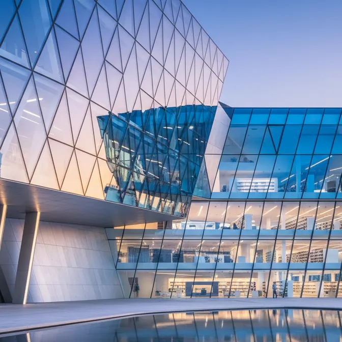 Angular glass office building at dusk, reflected in a pool