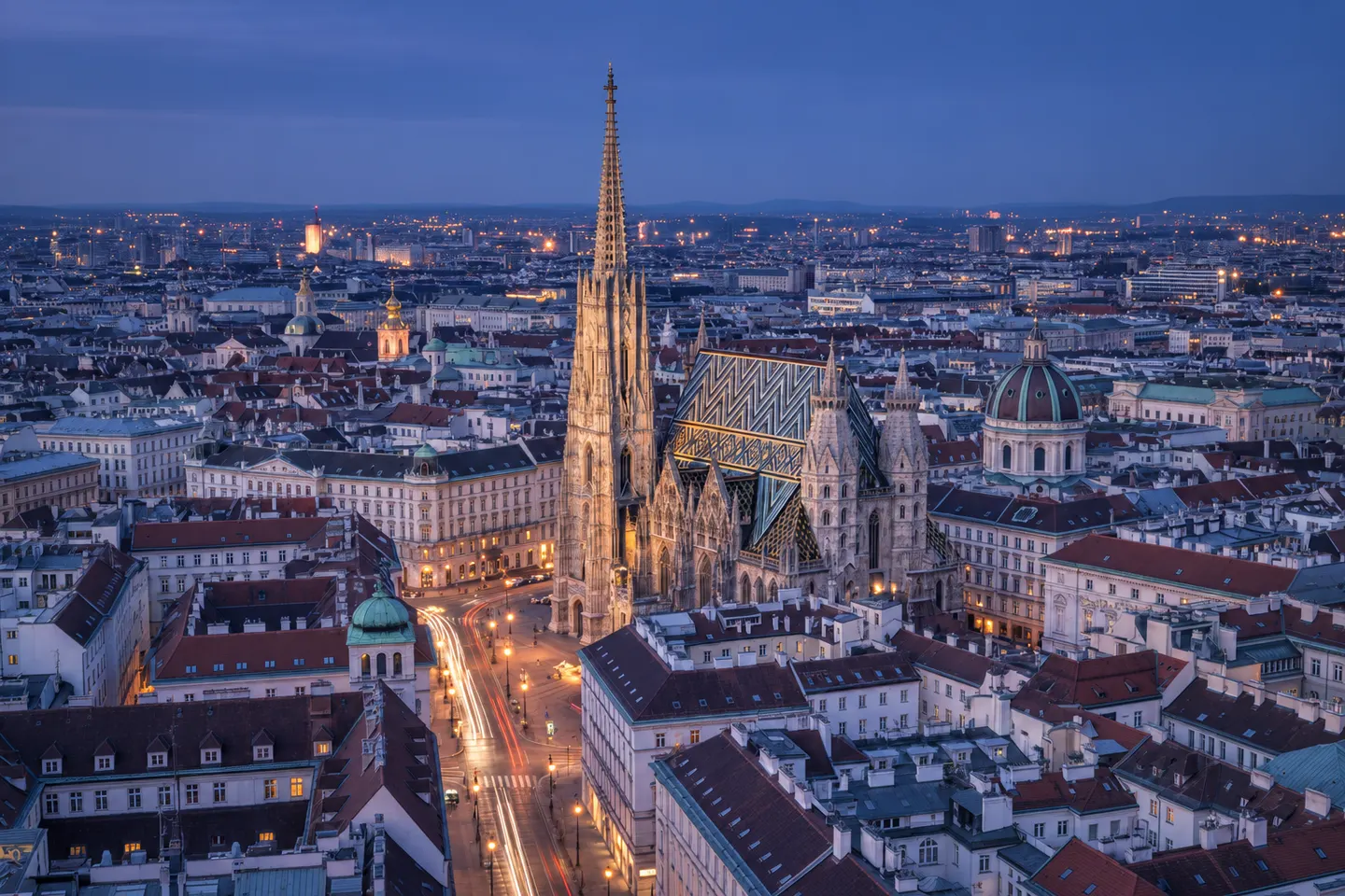 Stephansdom cathedral and Vienna rooftops panoramic cityscape